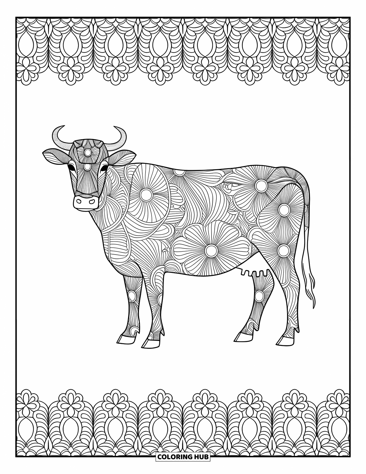 Cow Coloring Page for Adults: A cow mandala features intricate floral and geometric patterns in a detailed design
