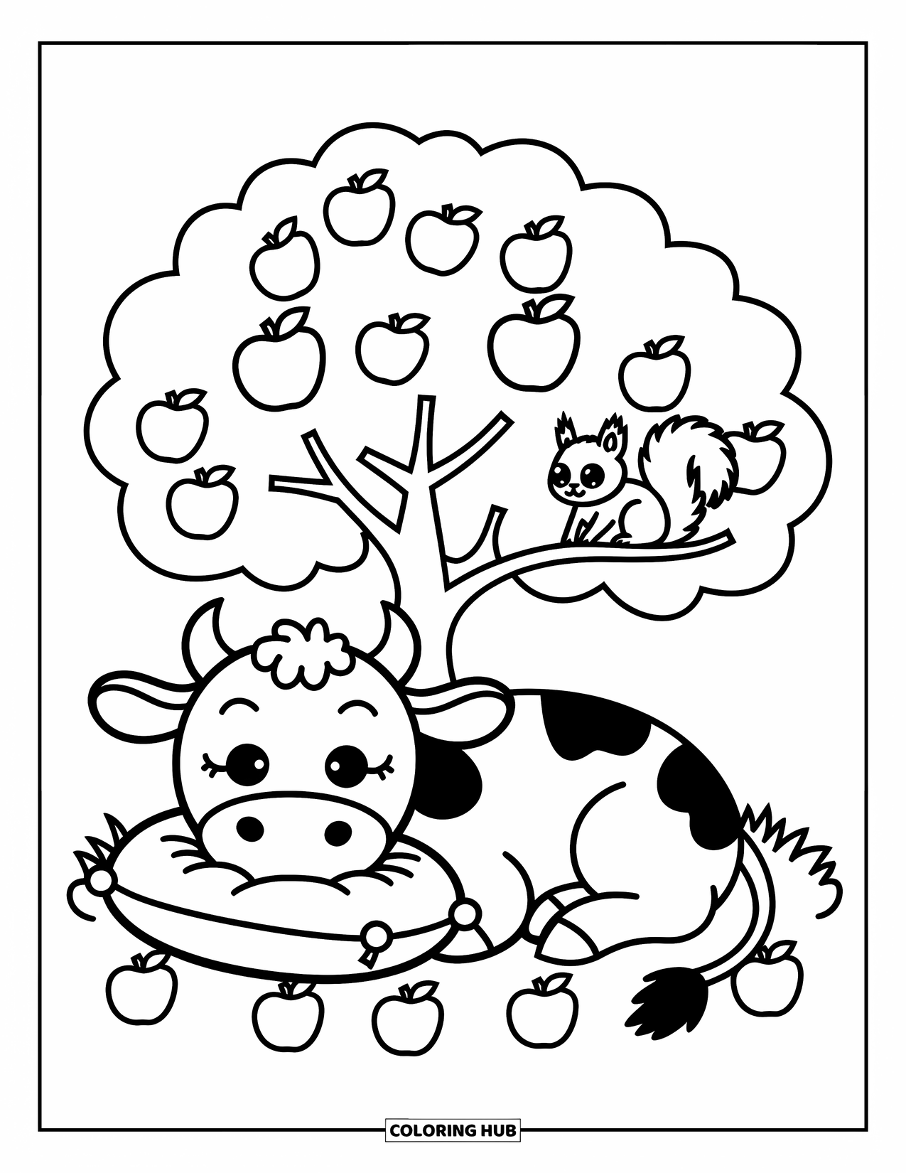 Cow Coloring Page for Adults: A cow naps on a pillow under an apple tree with a squirrel nearby