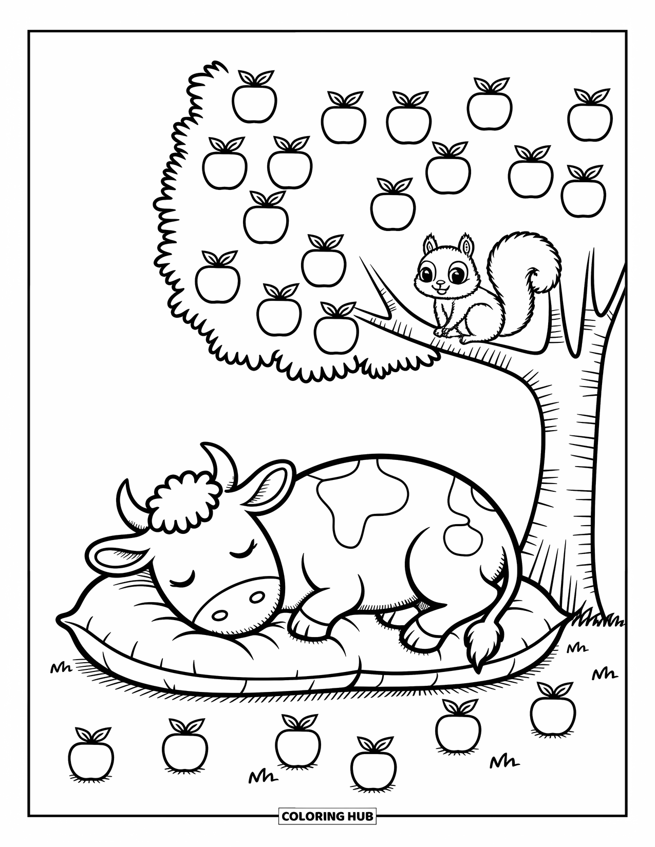 Cow Coloring Page for Adults: A cow naps under an apple tree with scattered apples and a squirrel