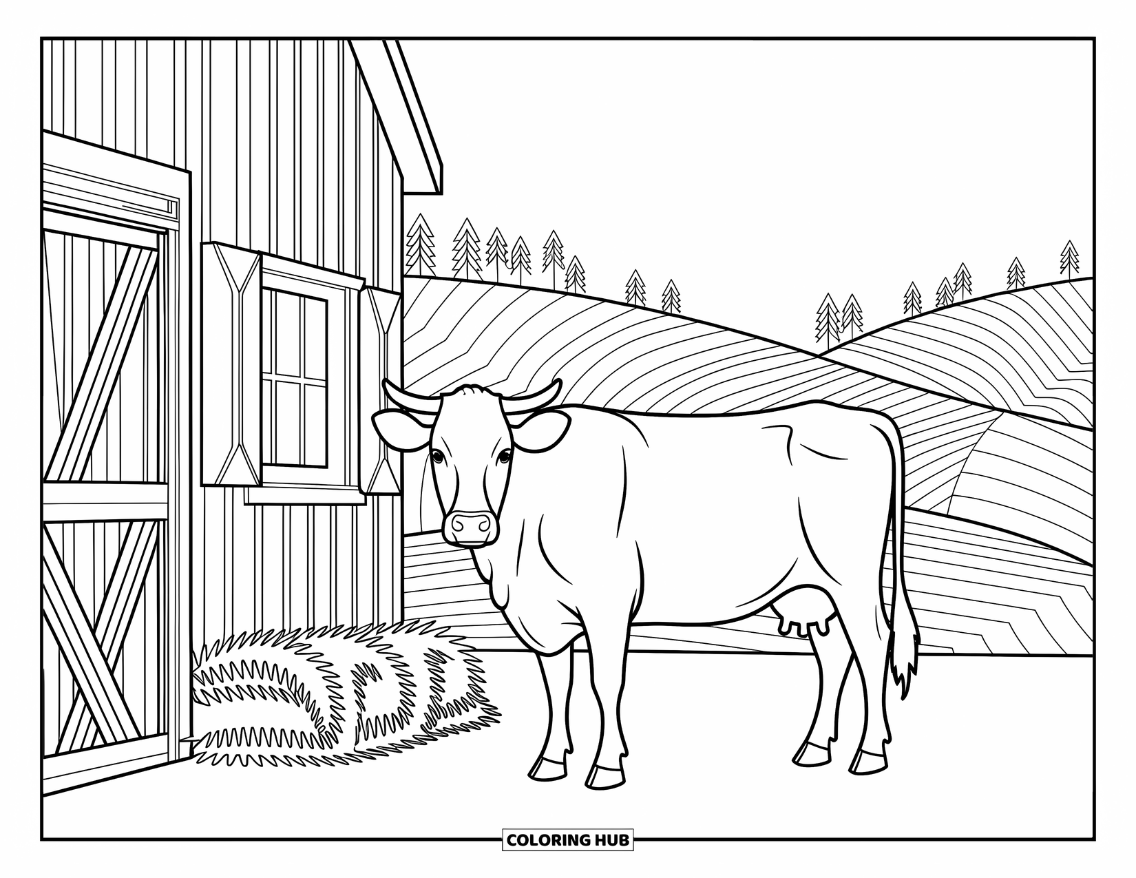 Cow Coloring Page for Adults: A cow stands by an old barn surrounded by detailed patterns and hay
