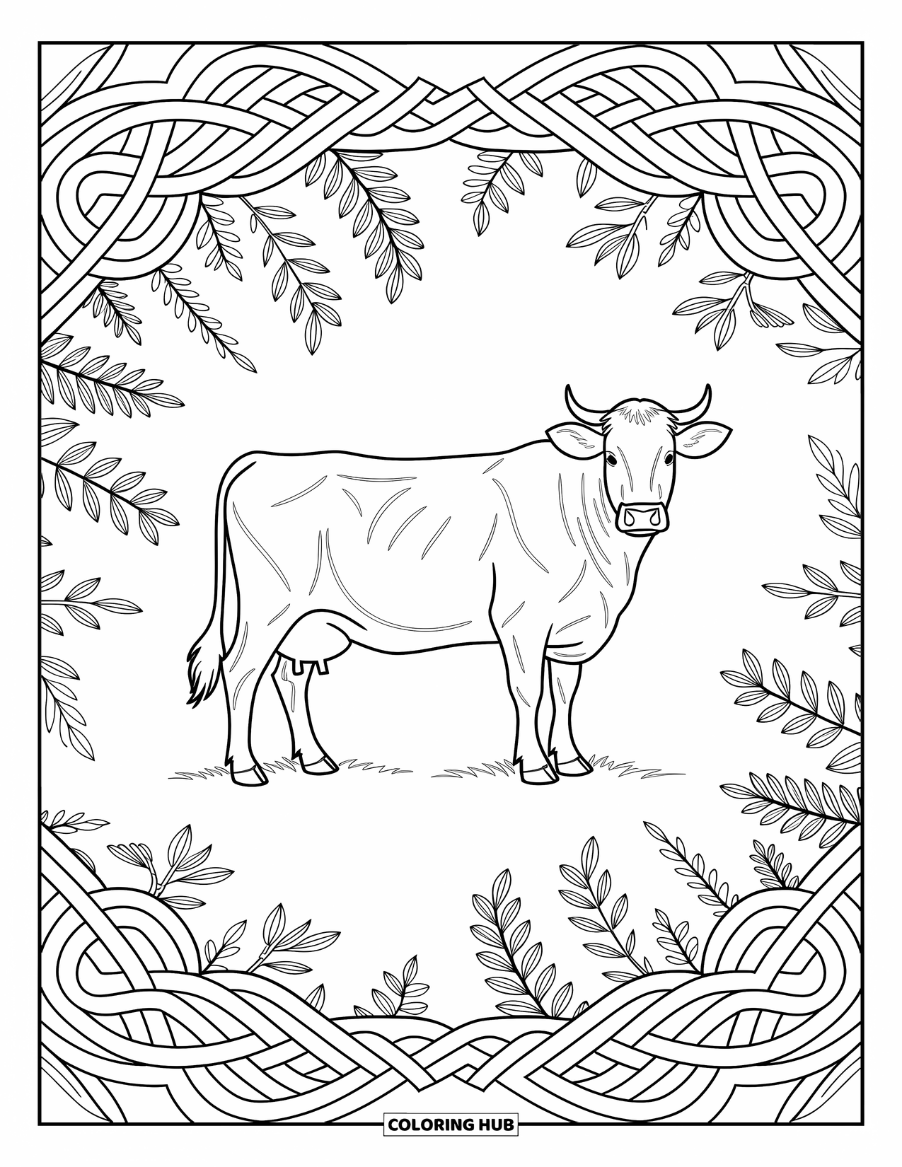 Cow Coloring Page for Adults: A cow stands gracefully with Celtic knots and forest details around