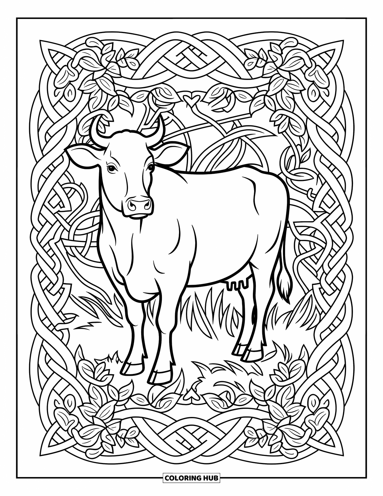 Cow Coloring Page for Adults: A cow surrounded by Celtic knot patterns stands gracefully in a forest