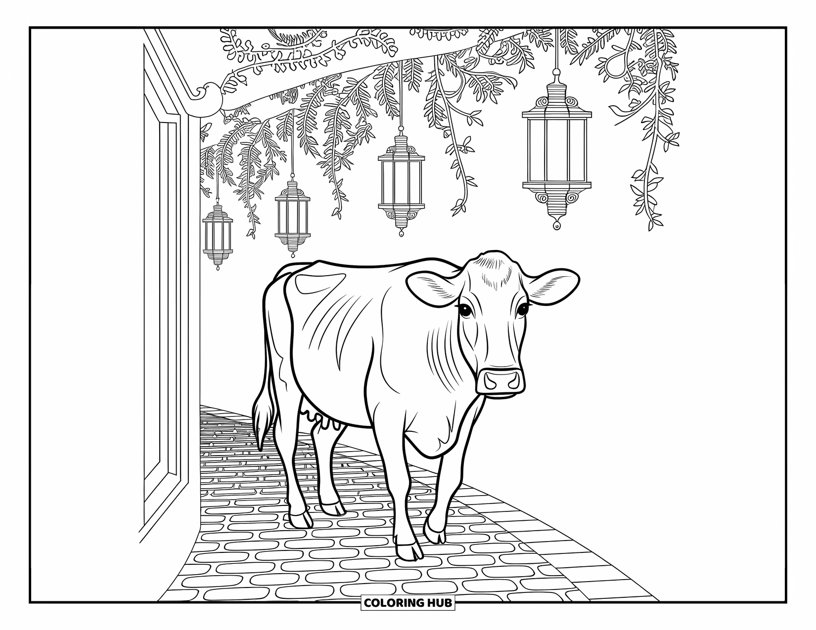 Cow Coloring Page for Adults: A cow walks down a cobblestone path with hanging lanterns and vines