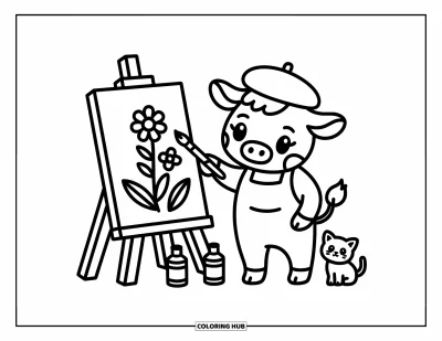 어른을 위한 소 색칠공부: 베레모를 쓴 소가 새끼 고양이 옆에서 캔버스에 꽃을 그리고 있다