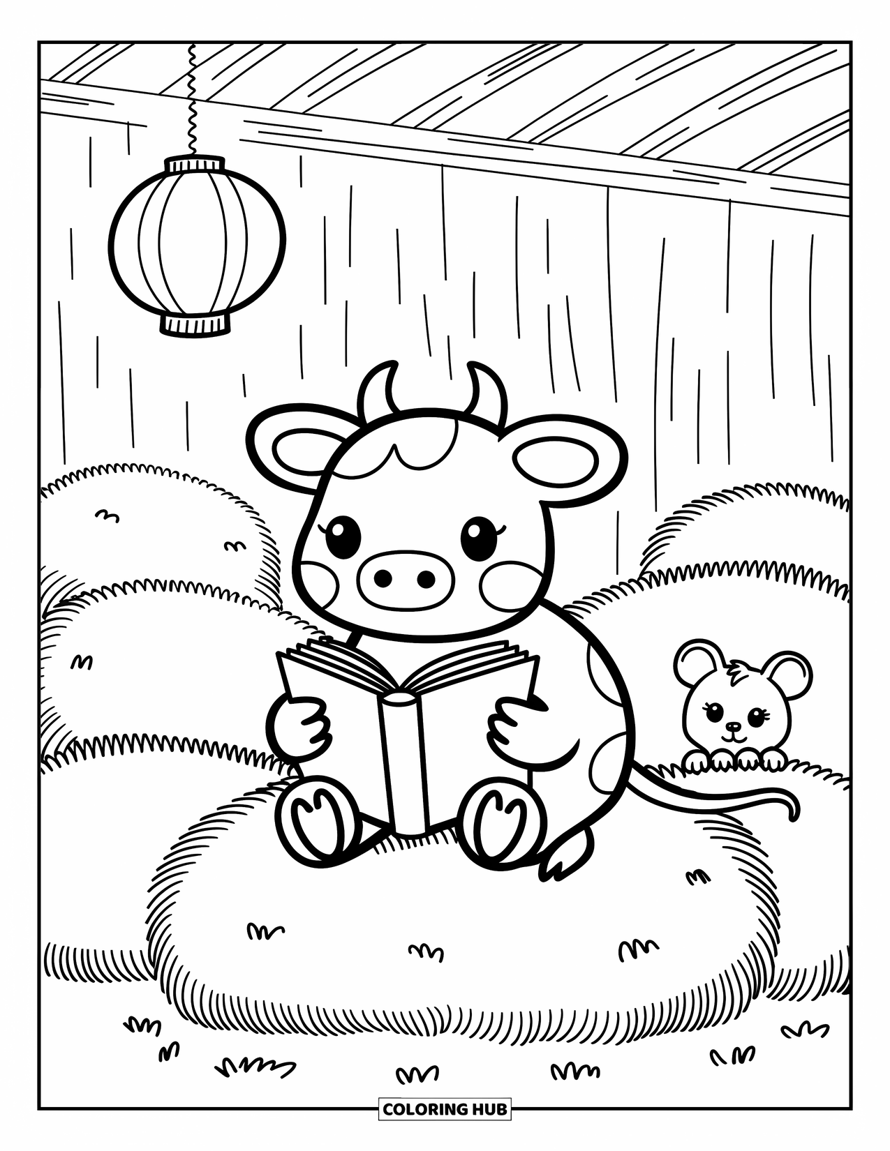 Cow Coloring Page for Adults: A cow with a book sits on hay under a lantern, with a mouse nearby