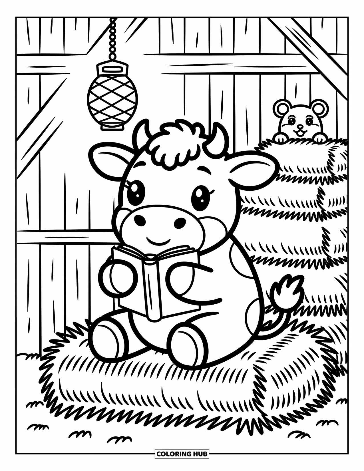 Cow Coloring Page for Adults: A cow with a book sits on hay while a mouse peeks out playfully