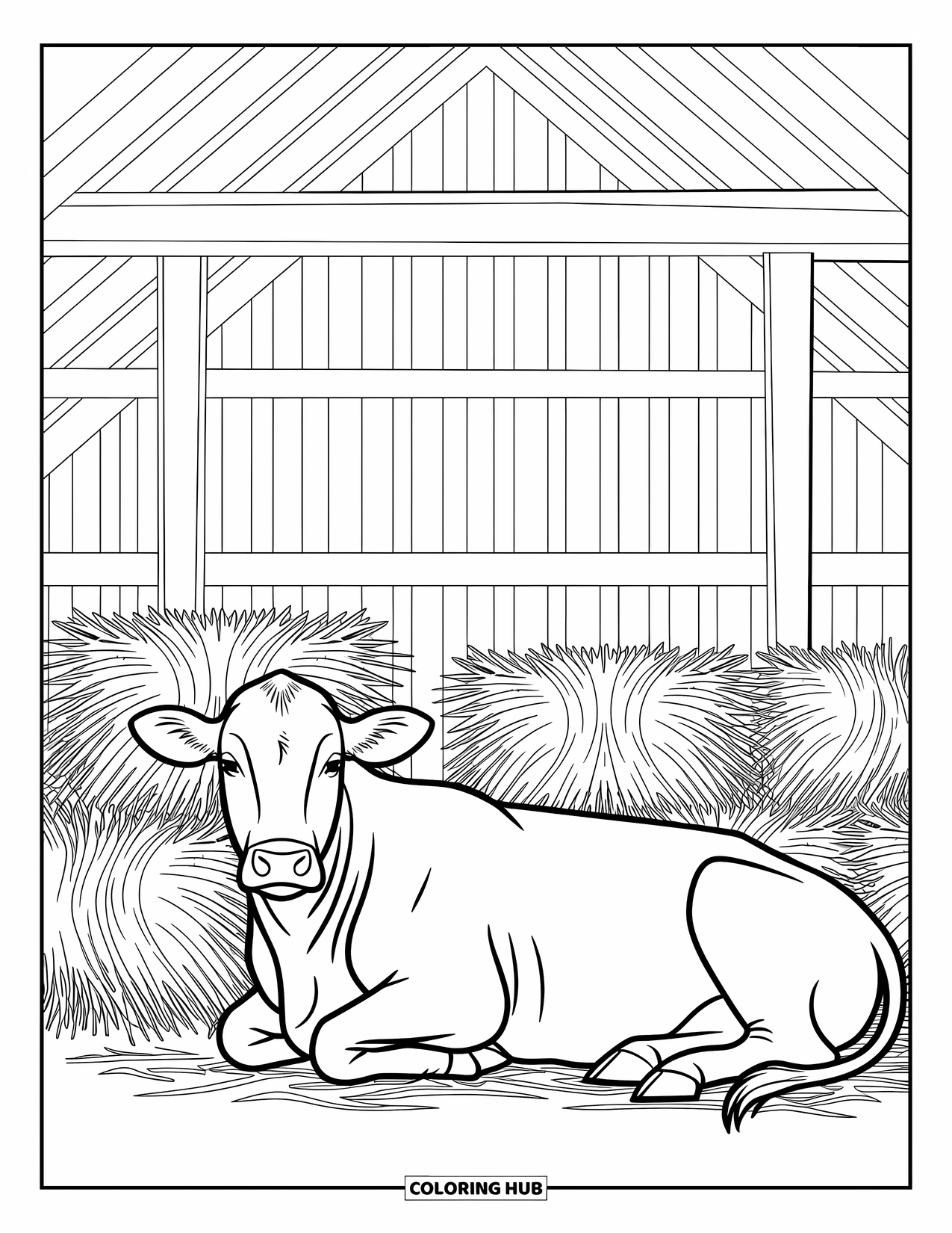 Cow Coloring Page for Adults: A cow with a floral crown relaxes in a flower-filled field