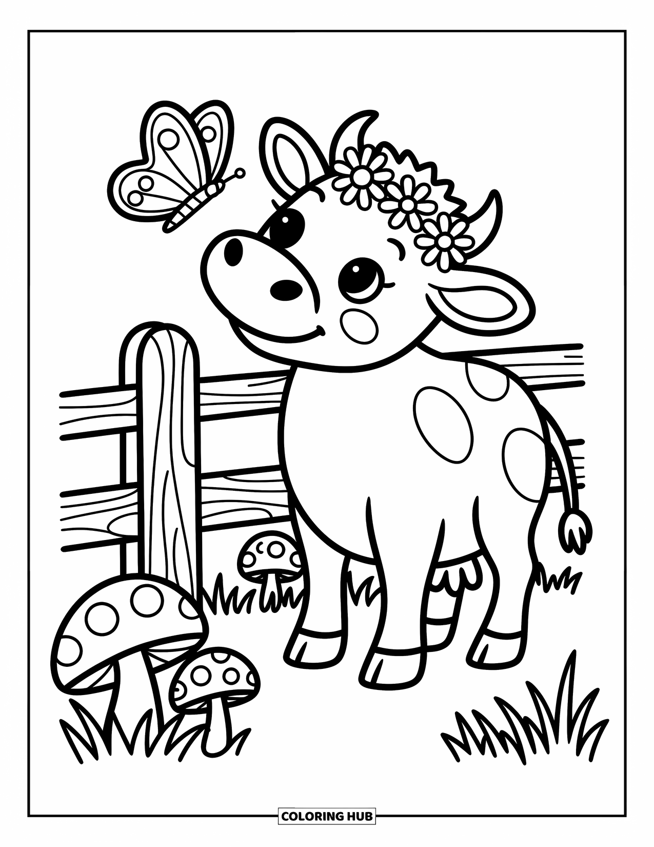 Cow Coloring Page for Adults: A cow with a flower crown watches a butterfly, surrounded by mushrooms and grass
