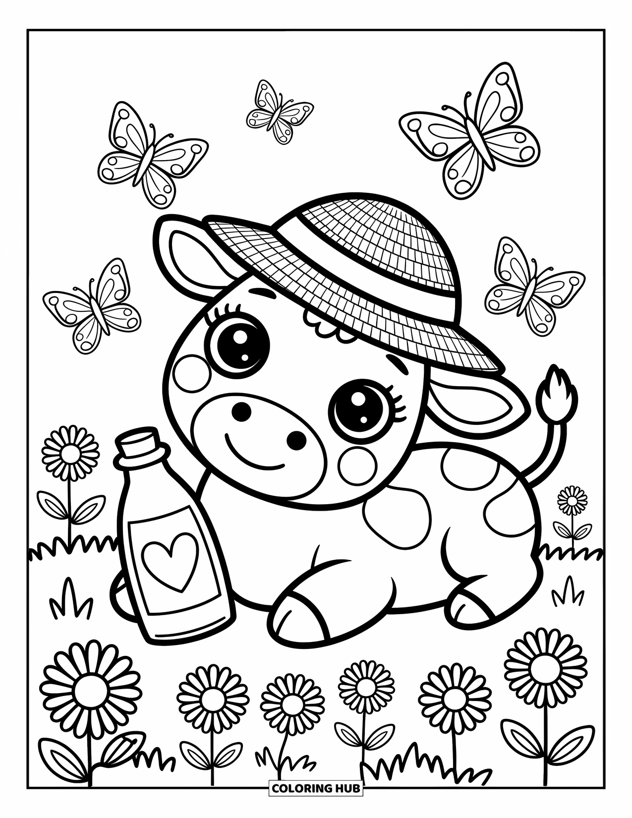 Cow Coloring Page for Adults: A cow with a straw hat holds a milk bottle while butterflies flutter around