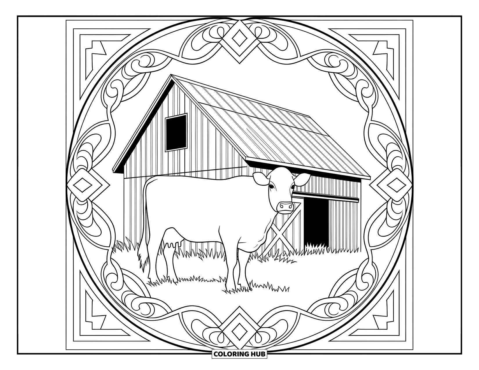 Cow Coloring Page for Adults: A cow's face with symmetrical patterns stands out in intricate detail