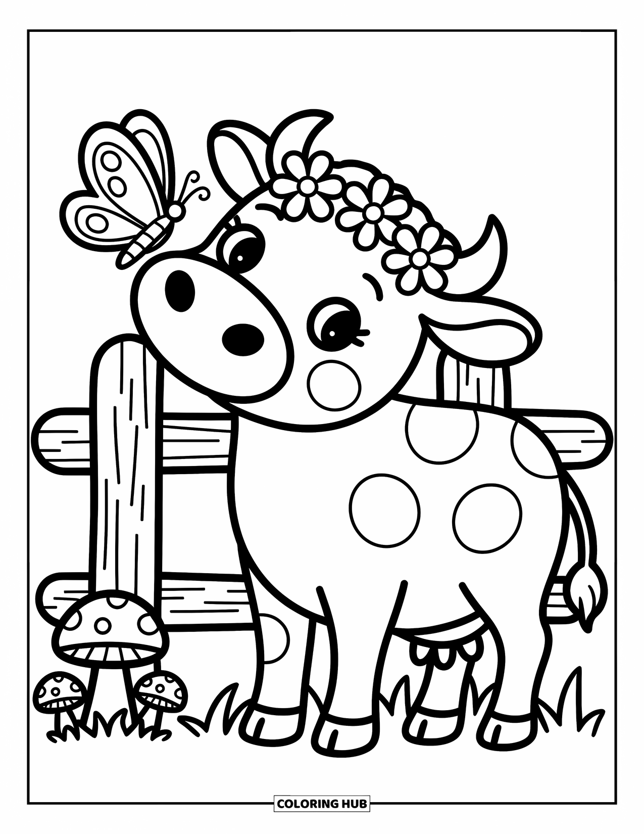 Cow Coloring Page for Adults: A curious cow with a flower crown admires a butterfly on its nose by a fence