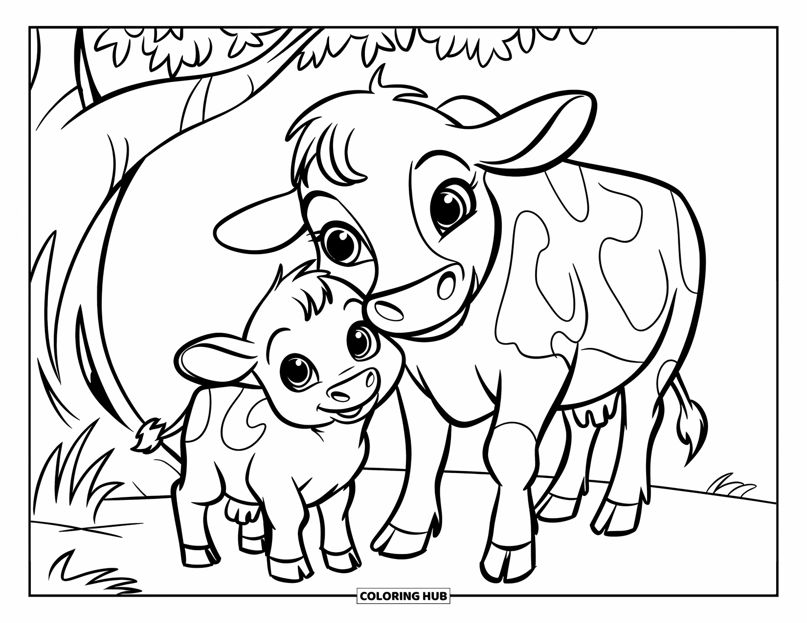 Cow Coloring Page for Kids: A baby cow and its mother stand under a tree in a field
