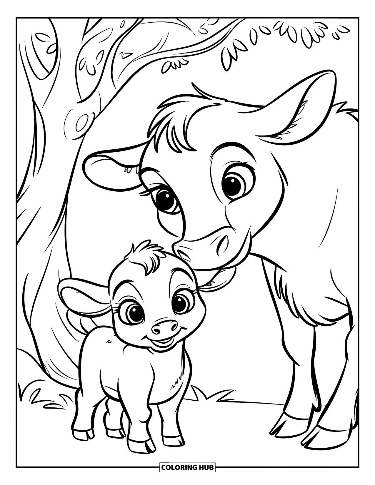 Cow Coloring Page for Kids: A baby cow and its mother stand under a tree on a green field