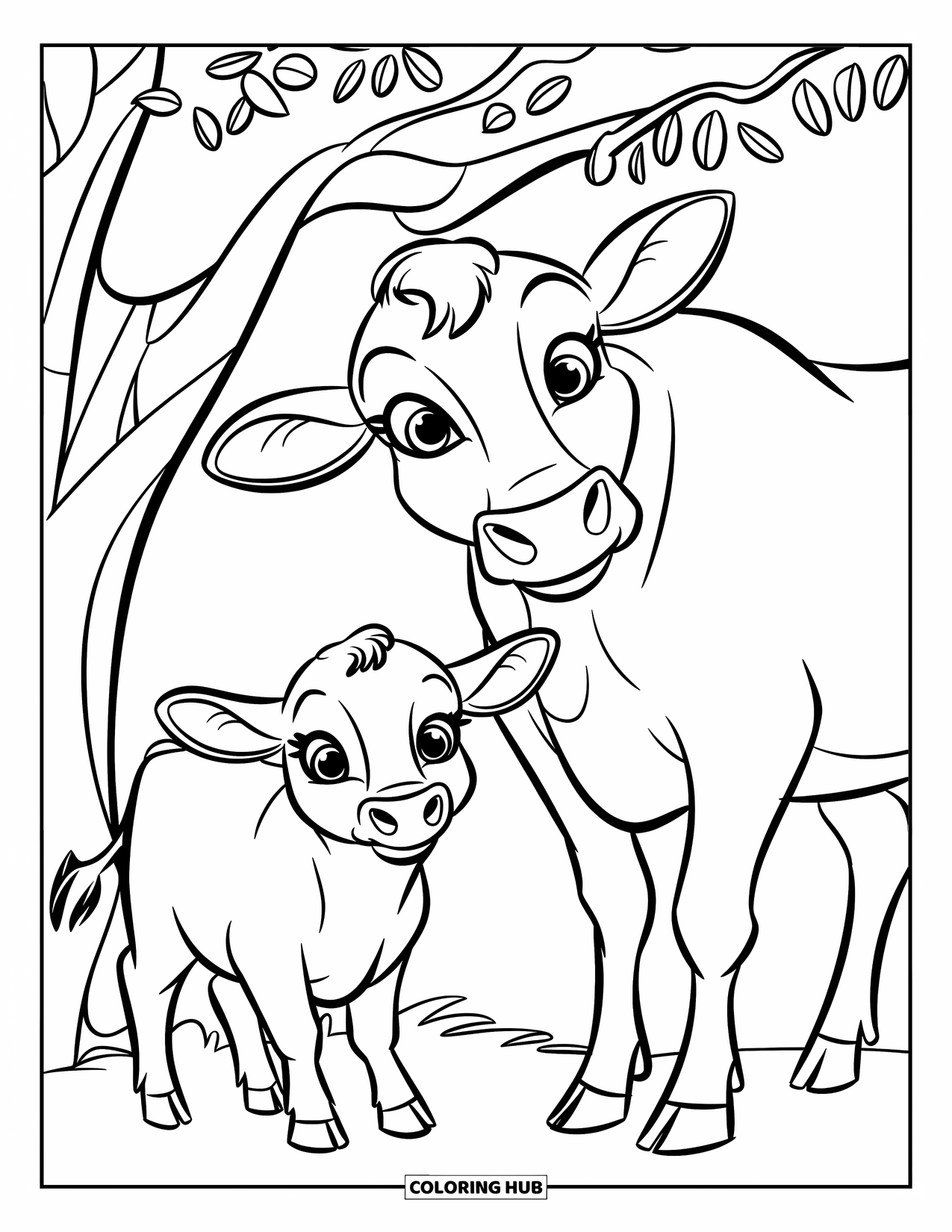 Cow Coloring Page for Kids: A baby cow and its mother stand under a tree with fruits