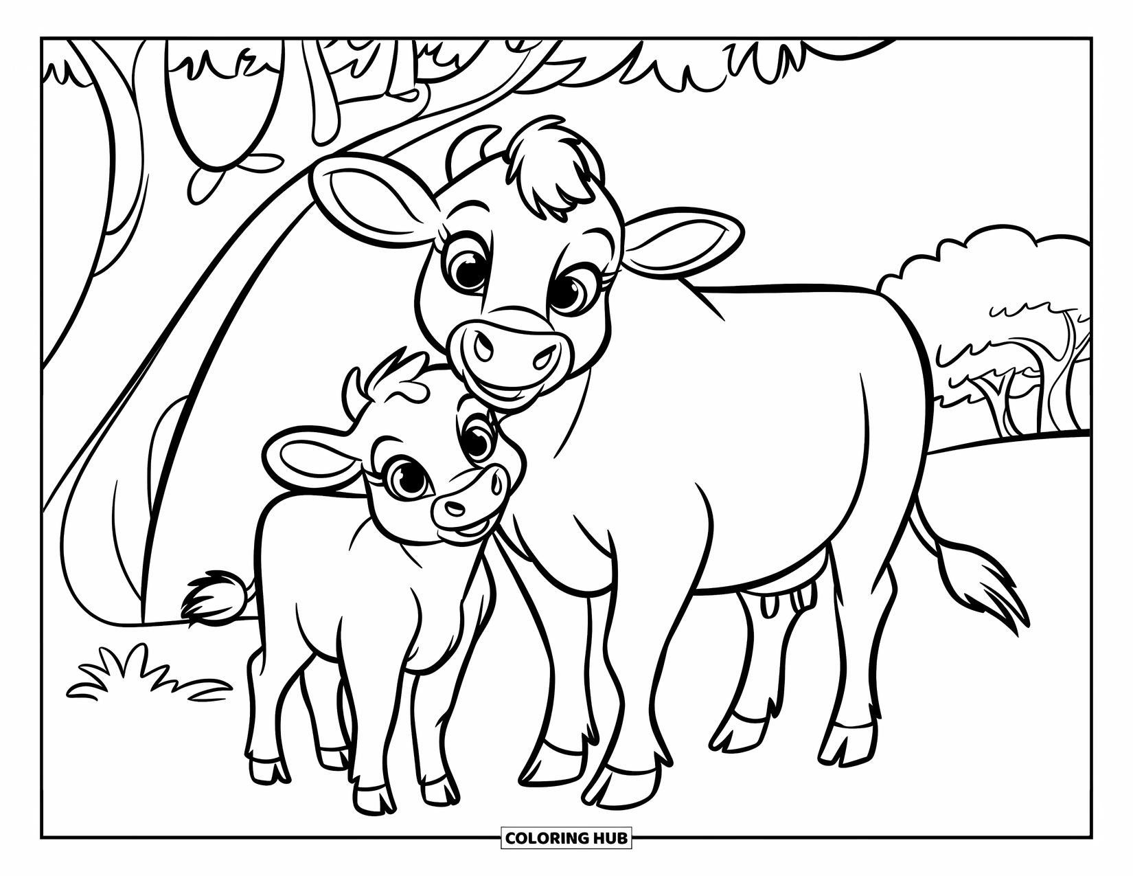 Cow Coloring Page for Kids: A baby cow with big eyes stands by its mother under a tree