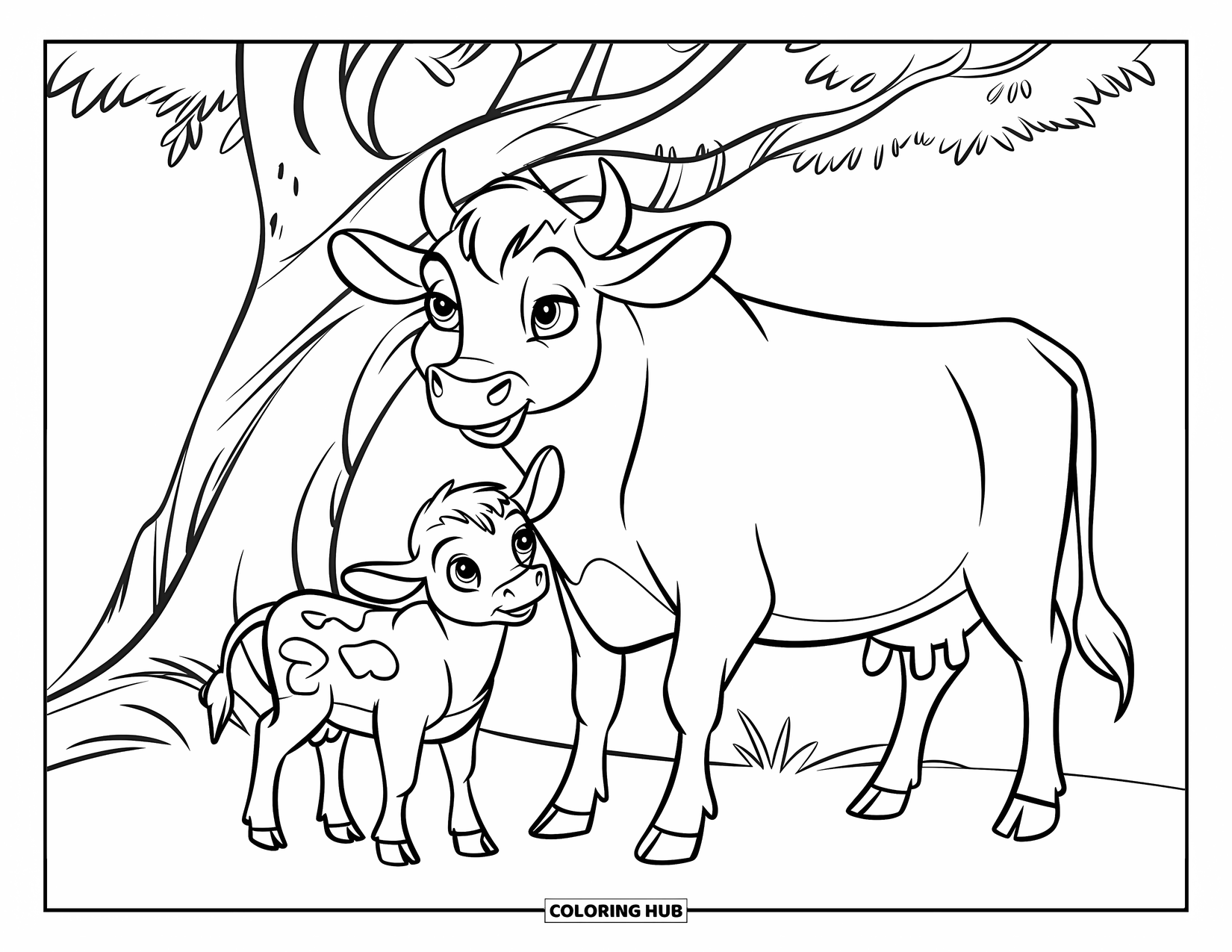 Cow Coloring Page for Kids: A baby cow with spots stands beside its mother under a tree