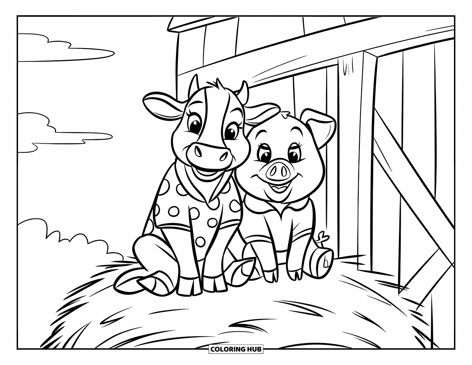 Cow Coloring Page for Kids: A cow and a pig smile on hay in a barn
