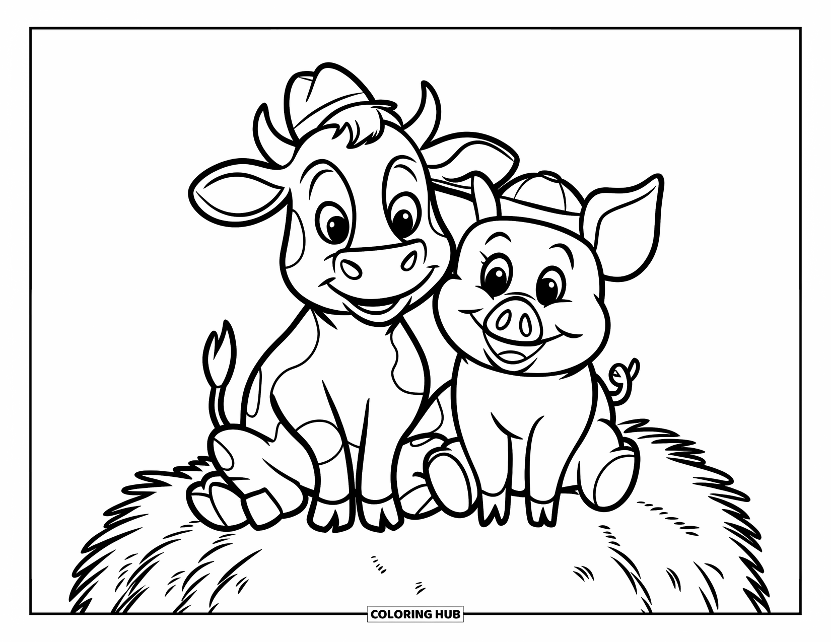 Cow Coloring Page for Kids: A cow in a green hat sits with a pig on hay