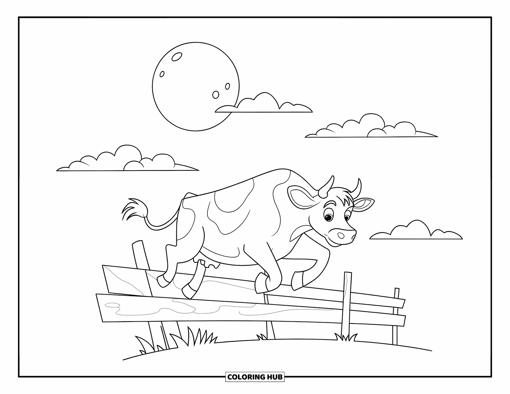 Cow Coloring Page for Kids: A cow jumps over a fence with a surprised expression
