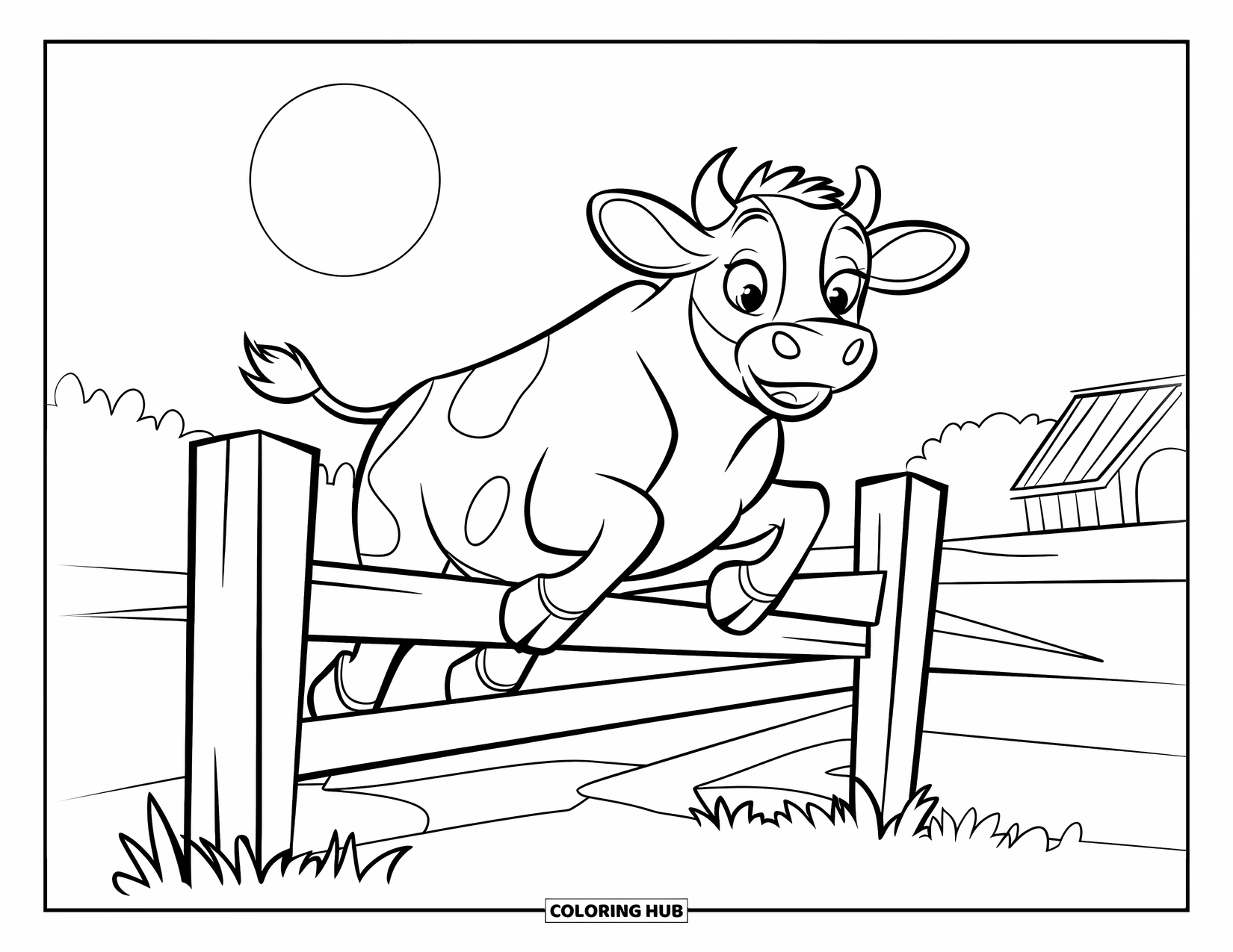 Cow Coloring Page for Kids: A cow jumps over a wooden fence under a bright moon