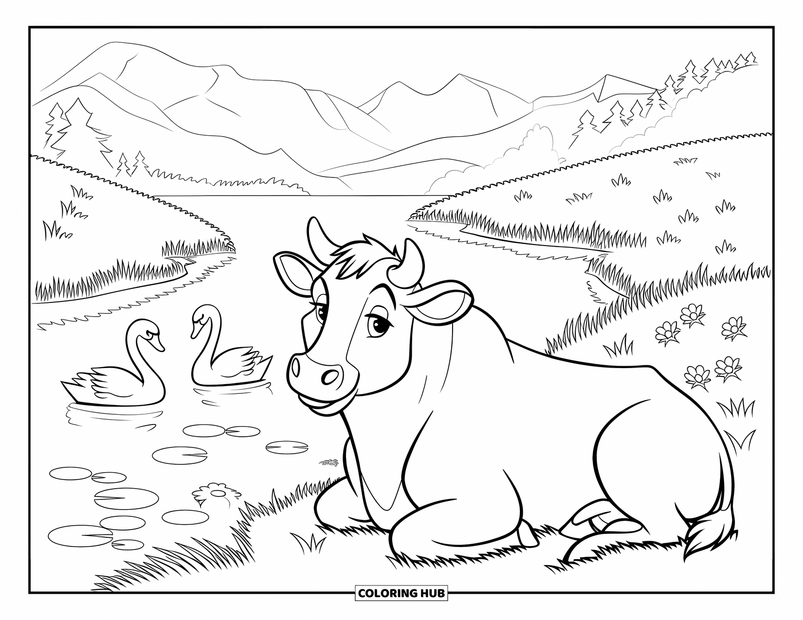 Cow Coloring Page for Kids: A cow lies on the grass by a lake with swans and flowers
