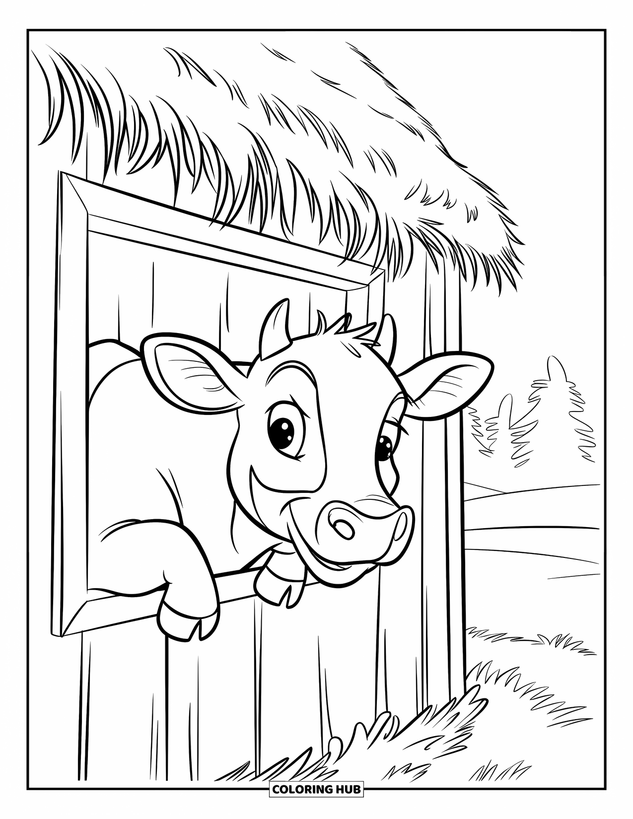 Cow Coloring Page for Kids: A cow peeks through a barn window surrounded by trees