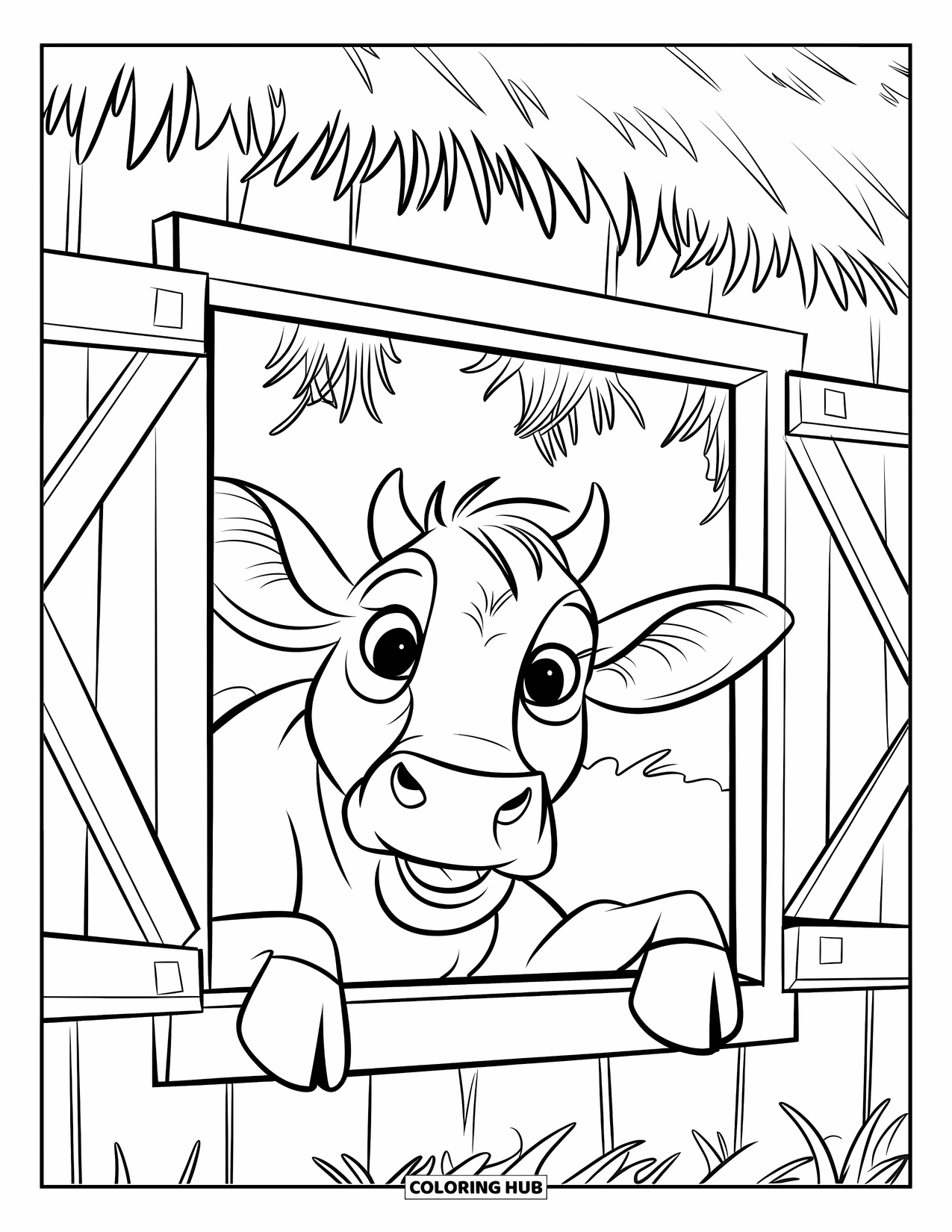 Cow Coloring Page for Kids: A cow peeks through a barn window with hay hanging out