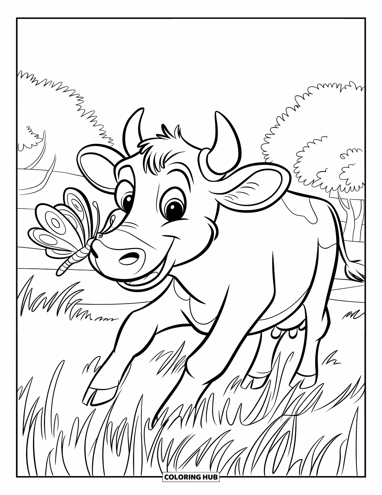 Cow Coloring Page for Kids: A cow smiles as a butterfly lands on its nose