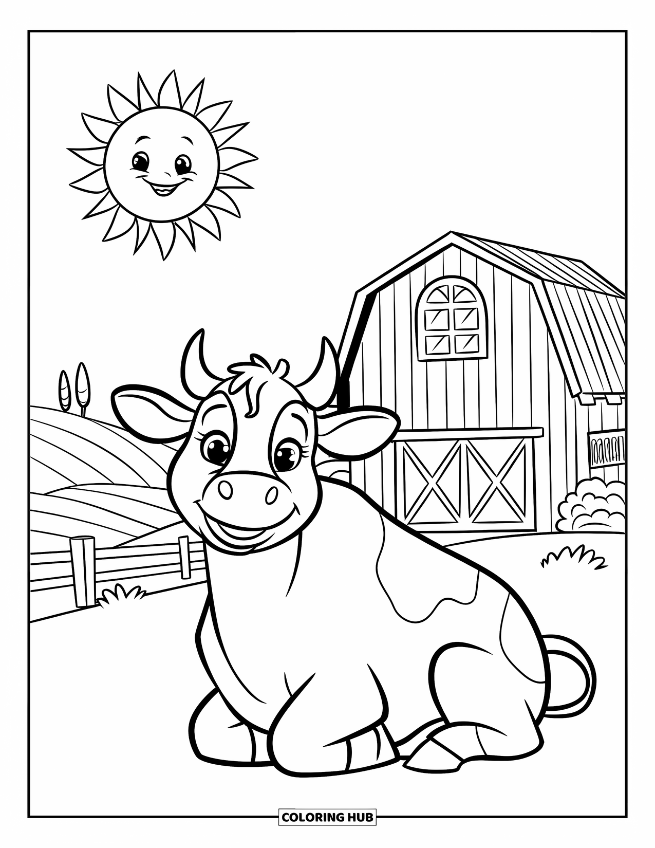 Cow Coloring Page for Kids: A cow smiles by a barn with a cheerful sun above