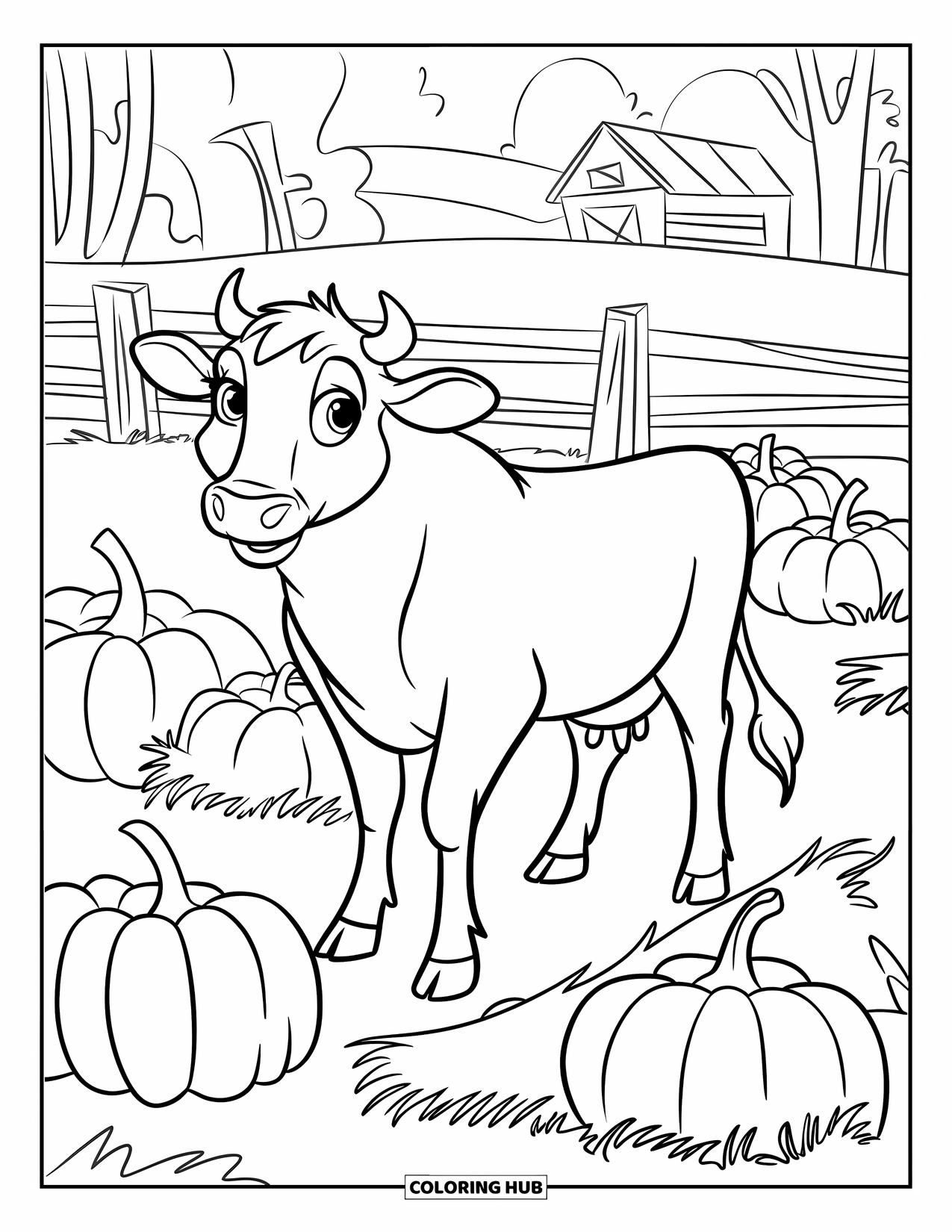 Cow Coloring Page for Kids: A cow stands among pumpkins and hay bales in autumn