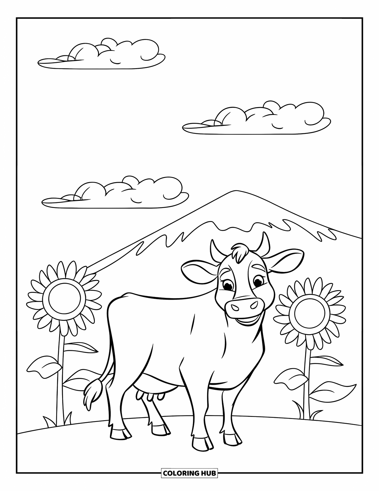 Cow Coloring Page for Kids: A cow stands among sunflowers under a few clouds