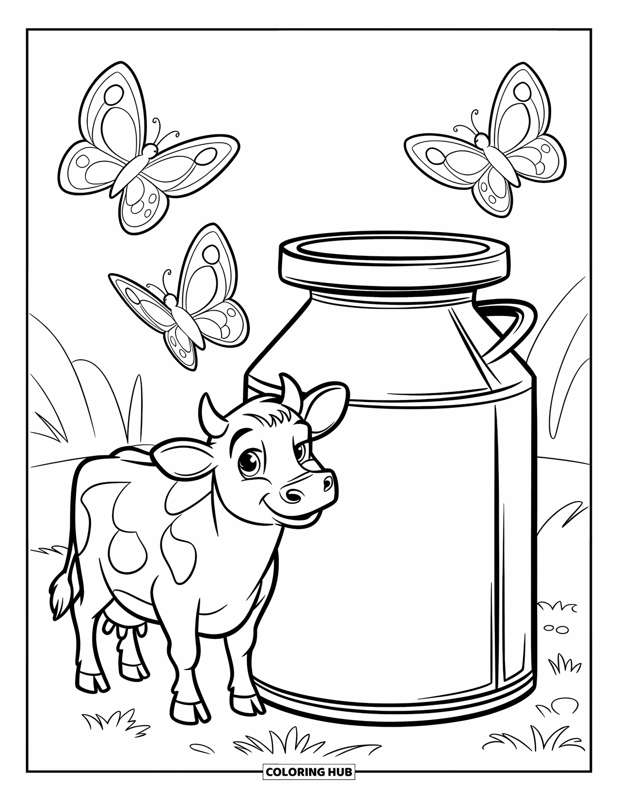 Cow Coloring Page for Kids: A cow stands by a milk can with butterflies flying nearby