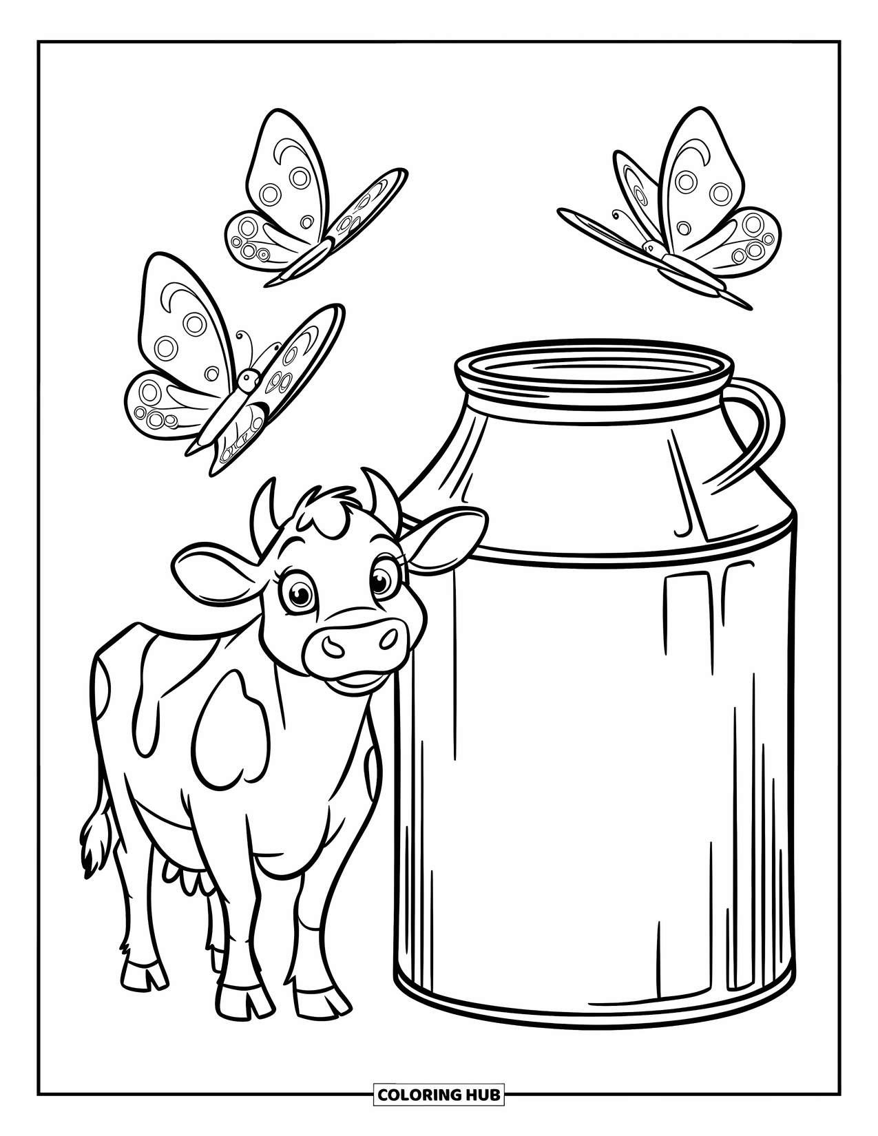 Cow Coloring Page for Kids: A cow stands by a milk can with butterflies nearby