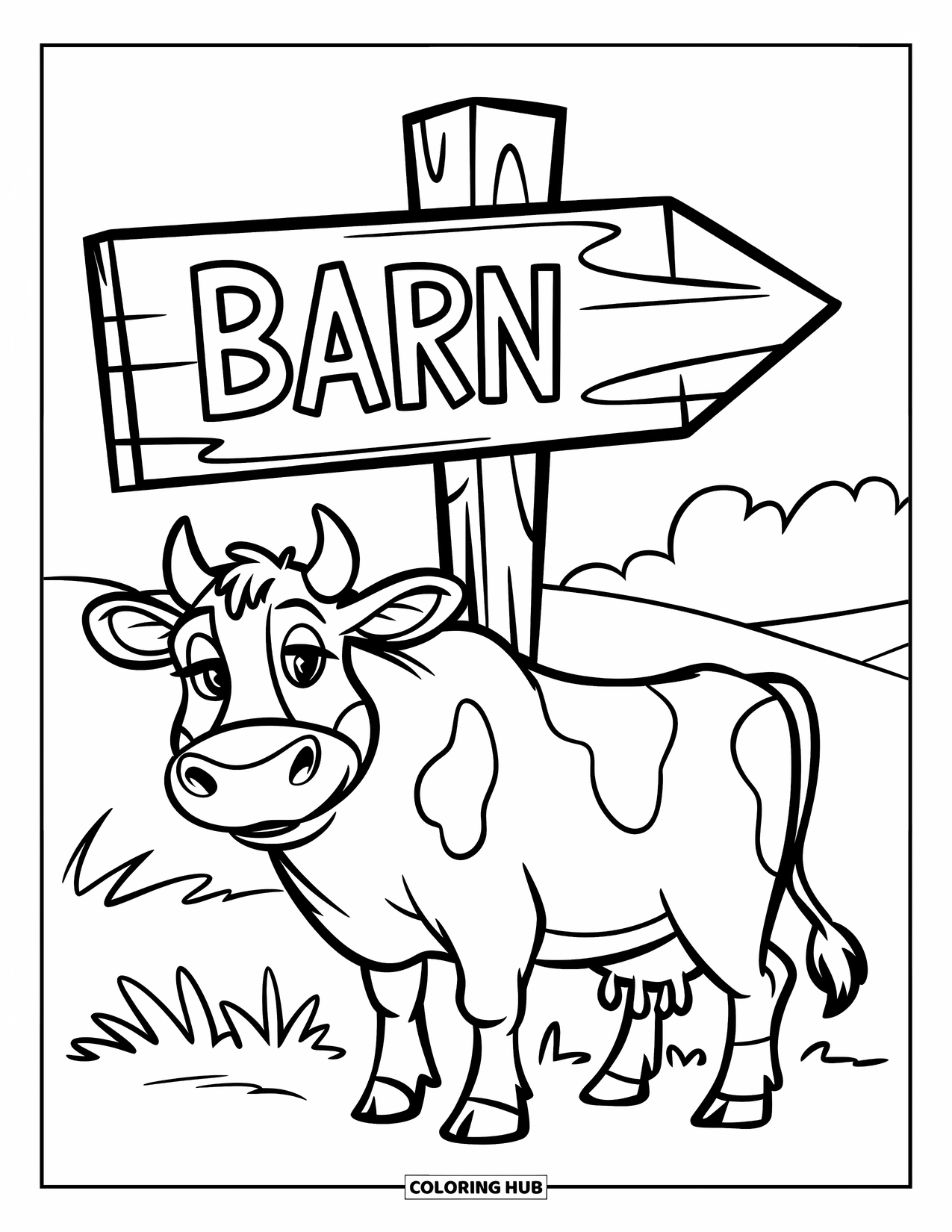 Cow Coloring Page for Kids: A cow stands by a wooden sign pointing to the barn