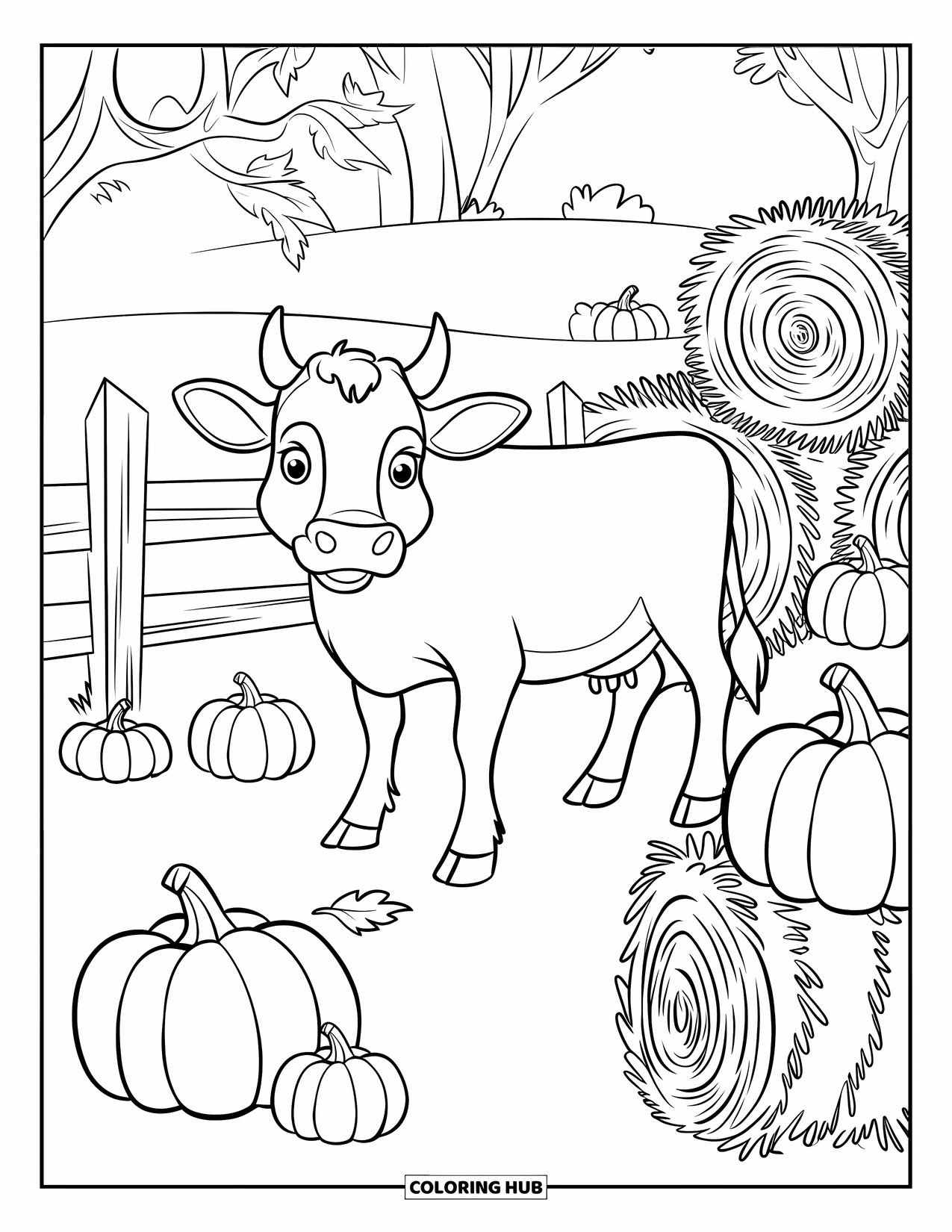 Cow Coloring Page for Kids: A cow stands by pumpkins and hay bales near a wooden fence