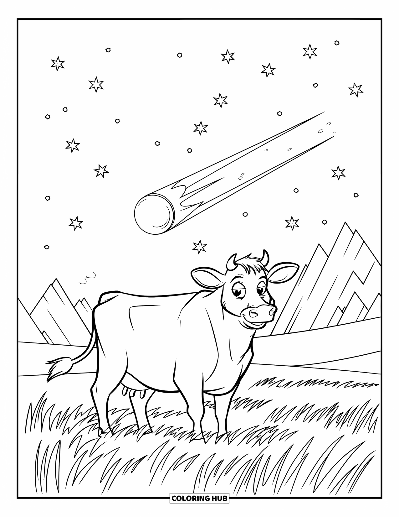 Cow Coloring Page for Kids: A cow stands in tall grass under a sky full of stars and a comet
