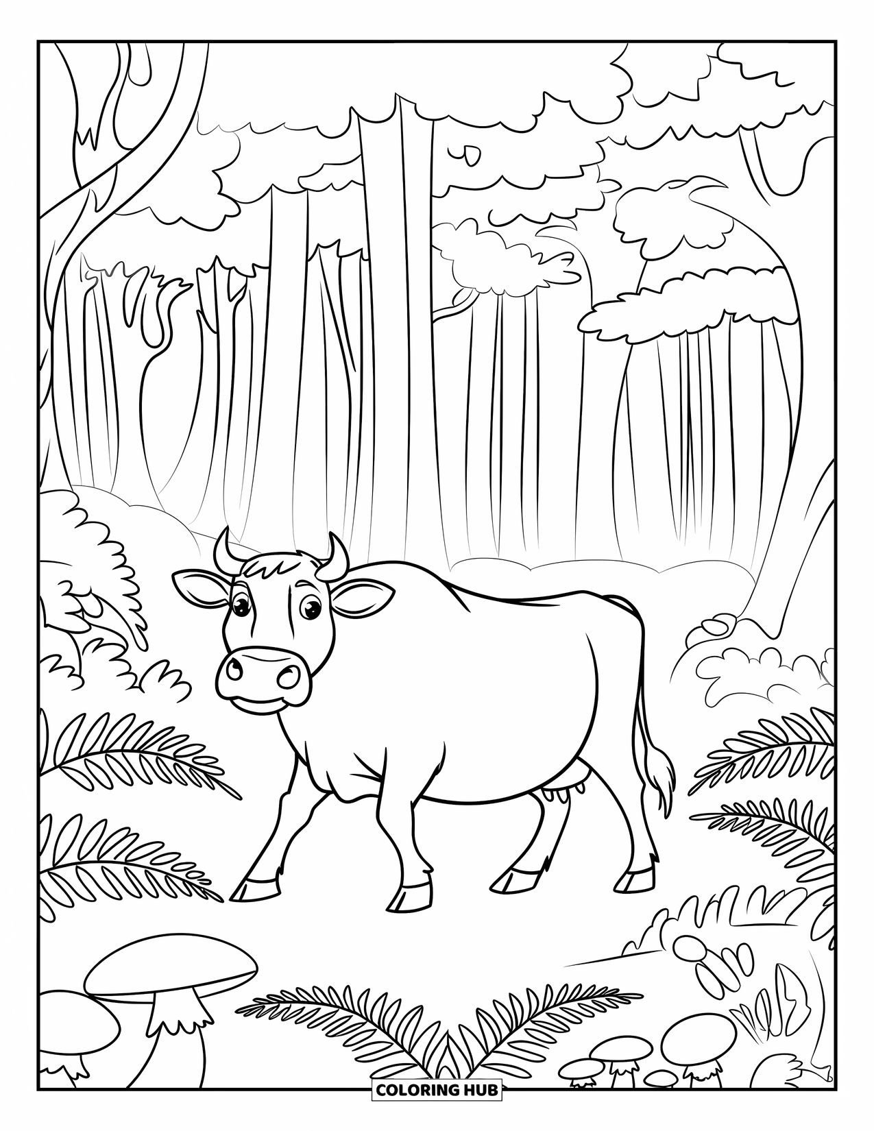 Cow Coloring Page for Kids: A cow wanders through a misty forest filled with ferns and mushrooms