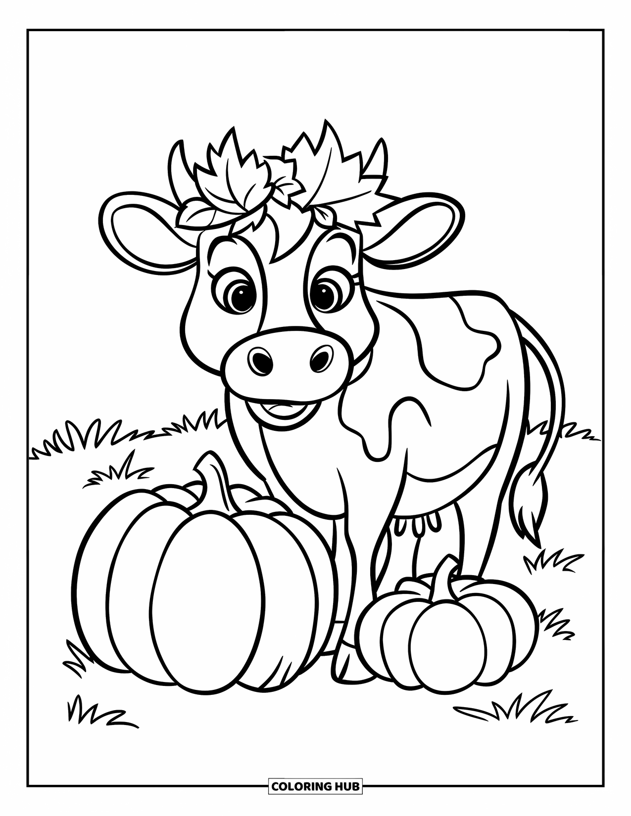 Cow Coloring Page for Kids: A cow wearing autumn leaves stands beside pumpkins, smiling warmly