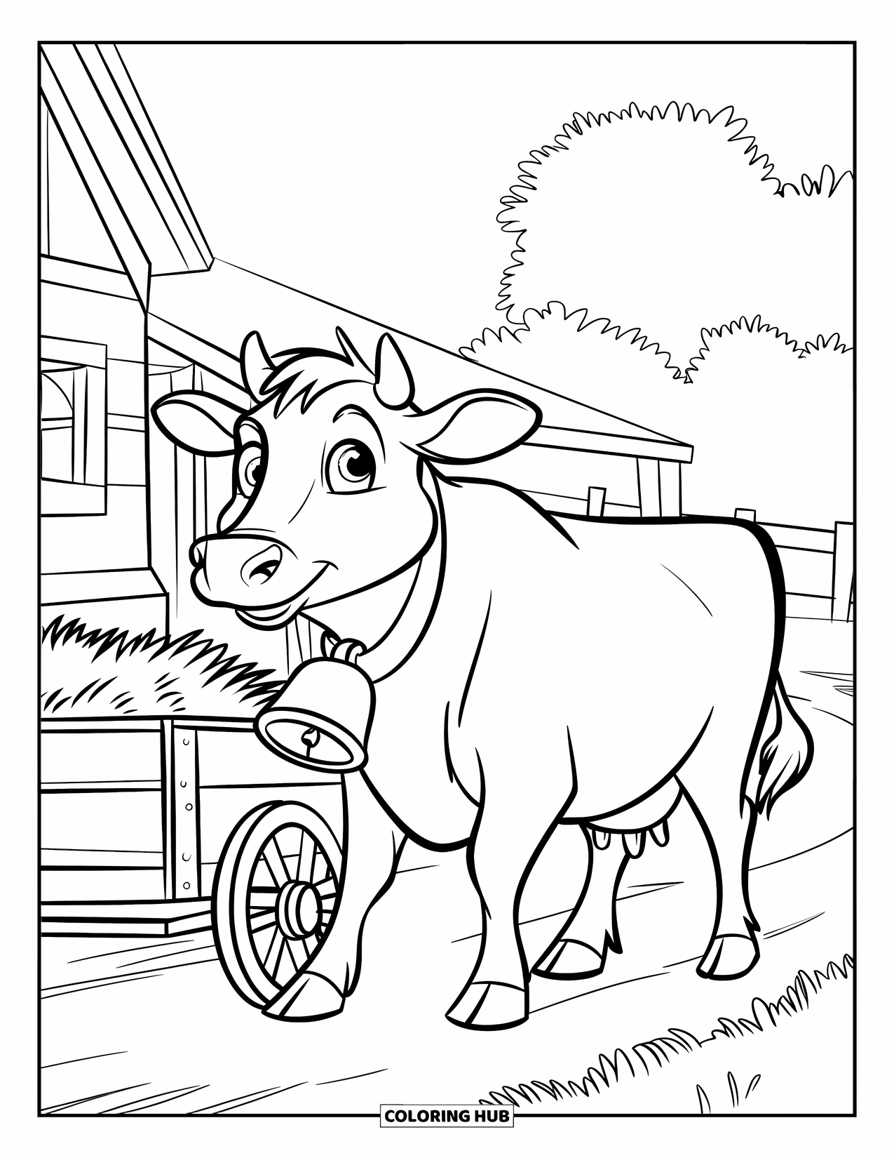 Cow Coloring Page for Kids: A cow with a bell pulls a hay cart on a farm path