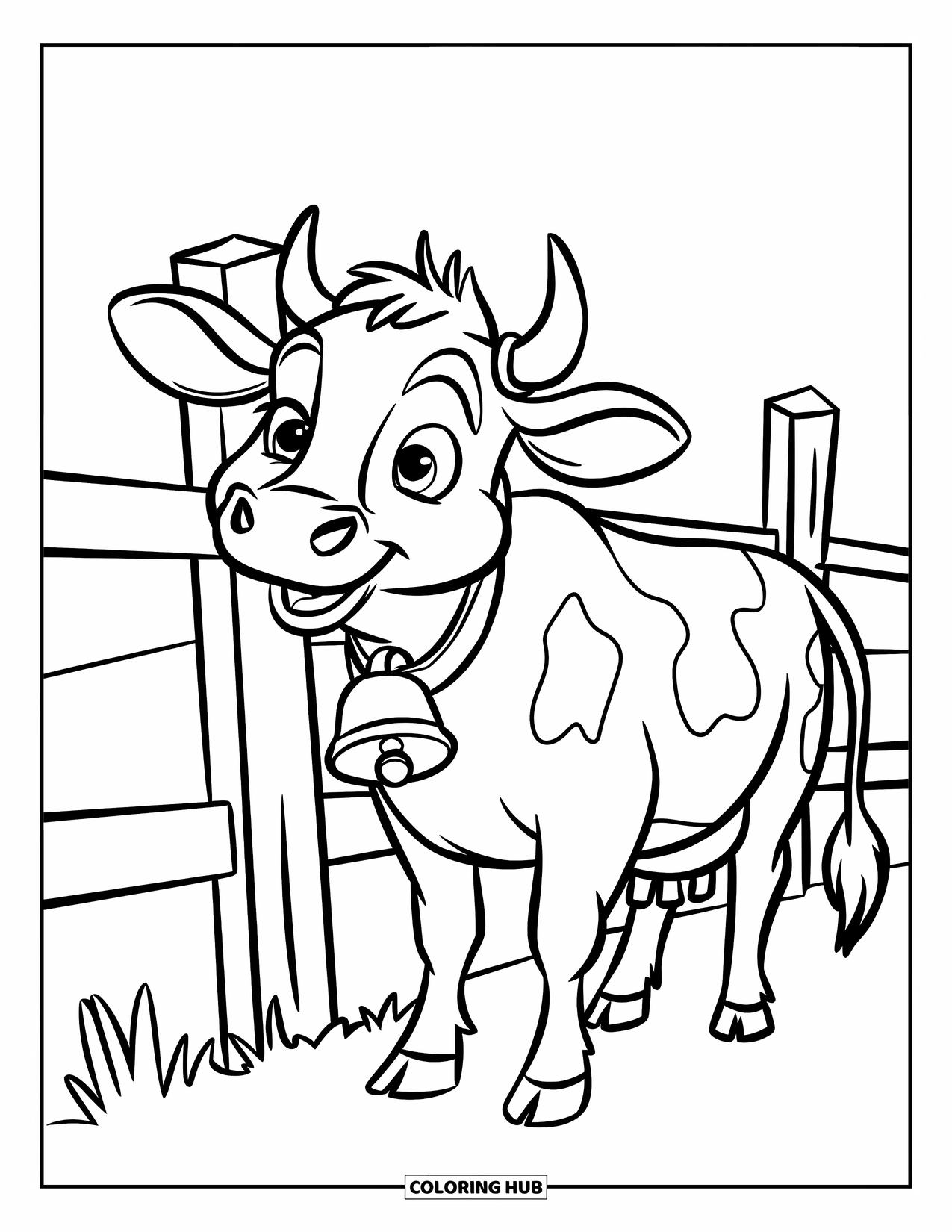 Cow Coloring Page for Kids: A cow with a bell smiles by a fence in a field