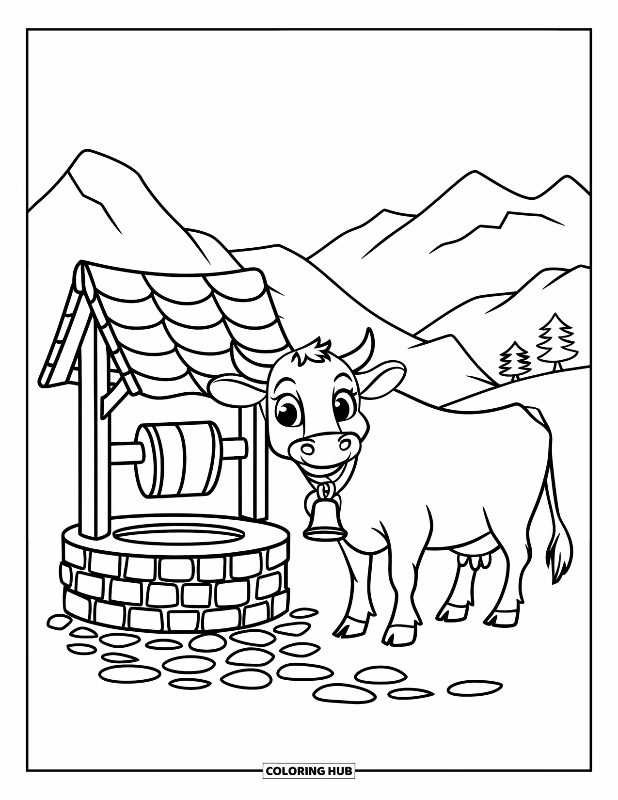 Cow Coloring Page for Kids: A cow with a bell stands by a cobblestone well with a wooden bucket