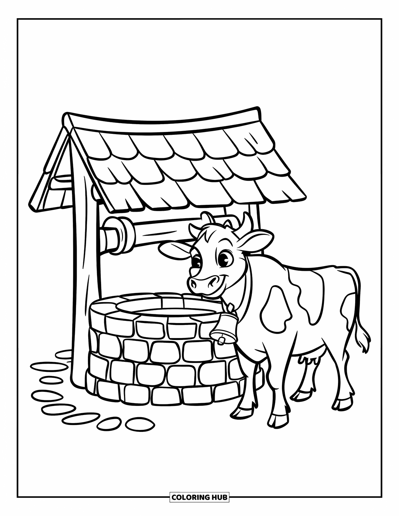 Cow Coloring Page for Kids: A cow with a bell stands by a cobblestone well with a wooden cover
