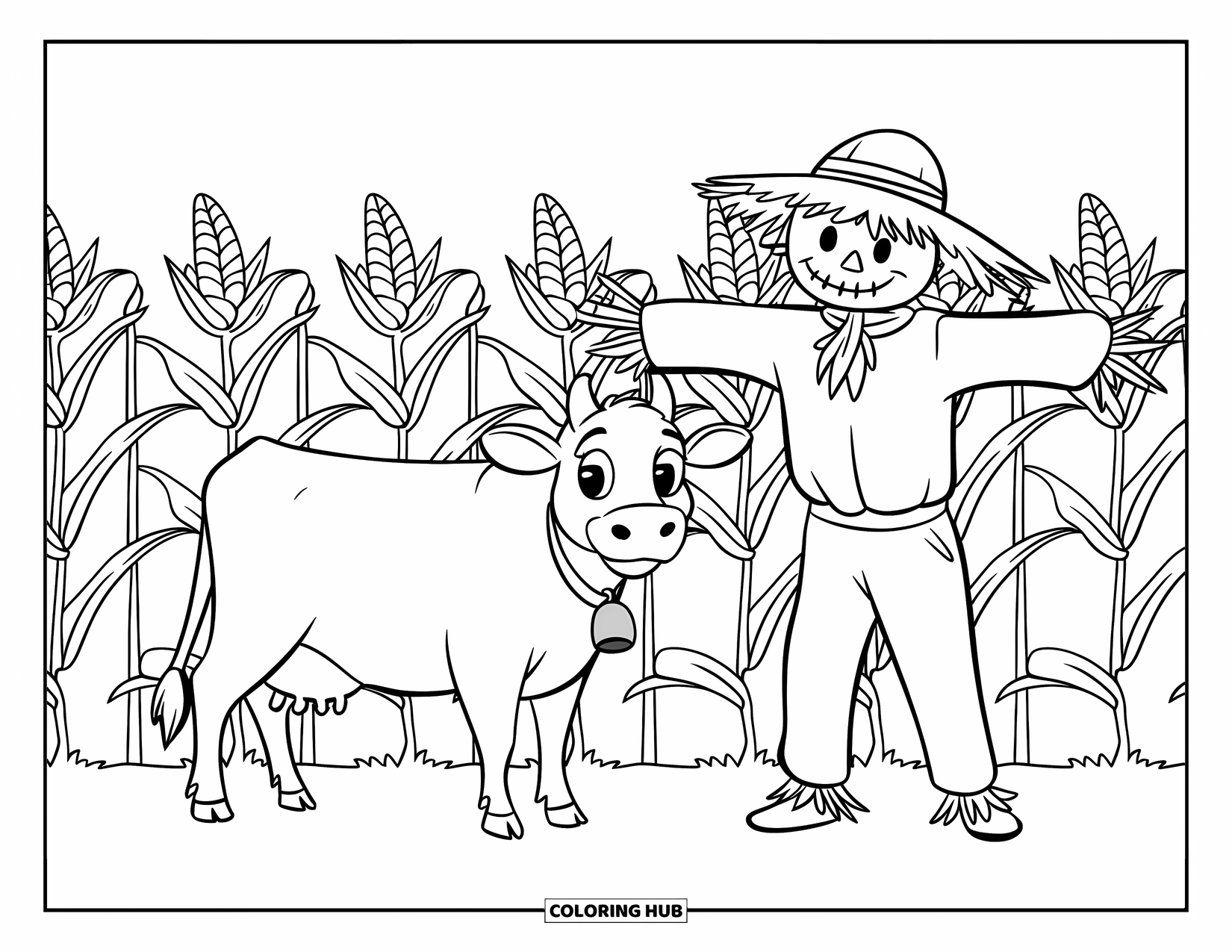 Cow Coloring Page for Kids: A cow with a bell stands by a scarecrow in a cornfield