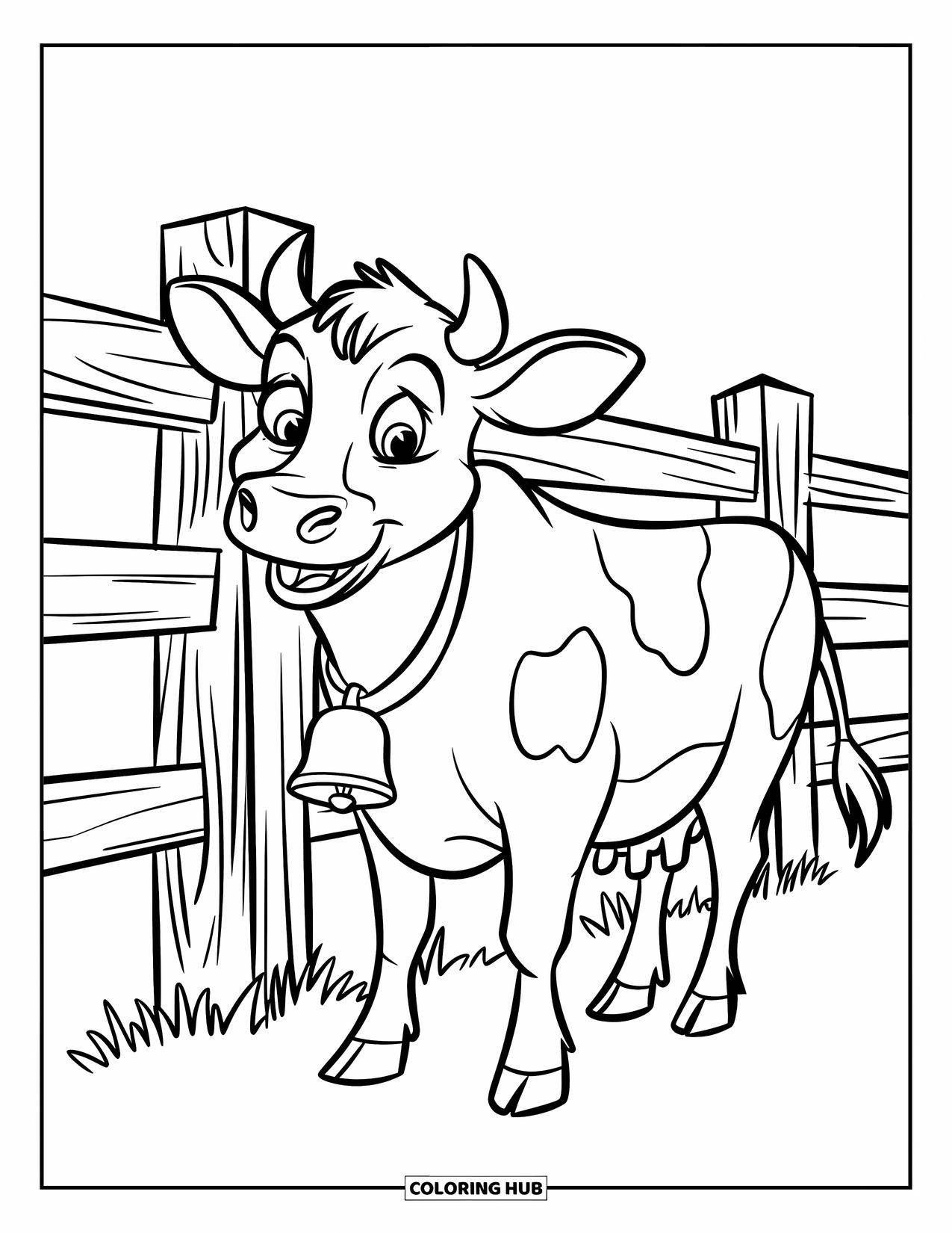 Cow Coloring Page for Kids: A cow with a bell stands happily by a wooden fence