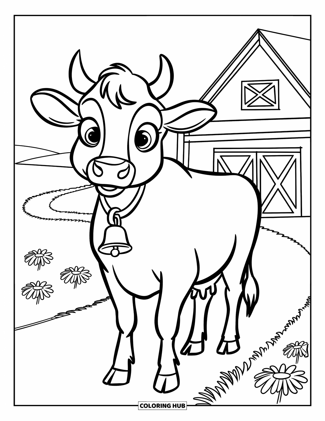 Cow Coloring Page for Kids: A cow with a bell stands on a path leading to a barn