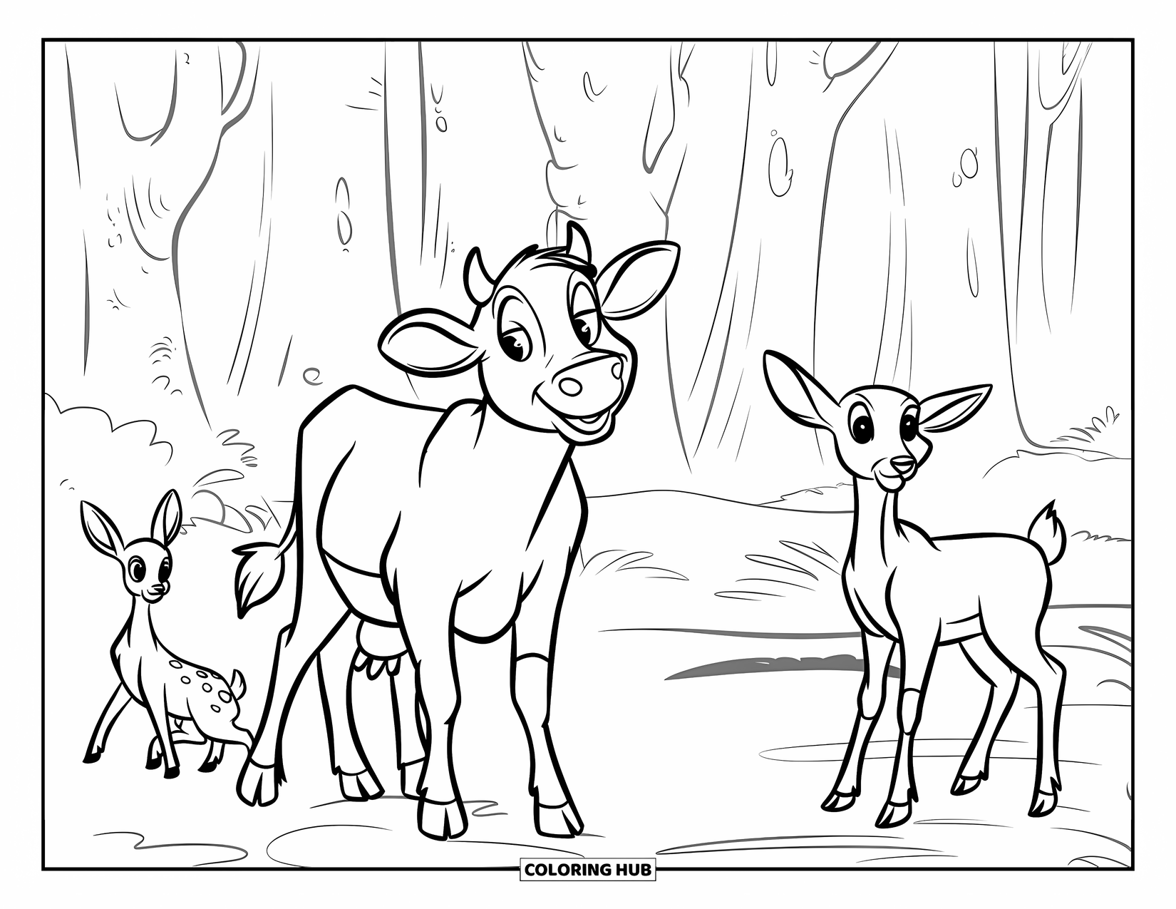 Cow Coloring Page for Kids: A cow with a bell stands peacefully among deer and rabbits