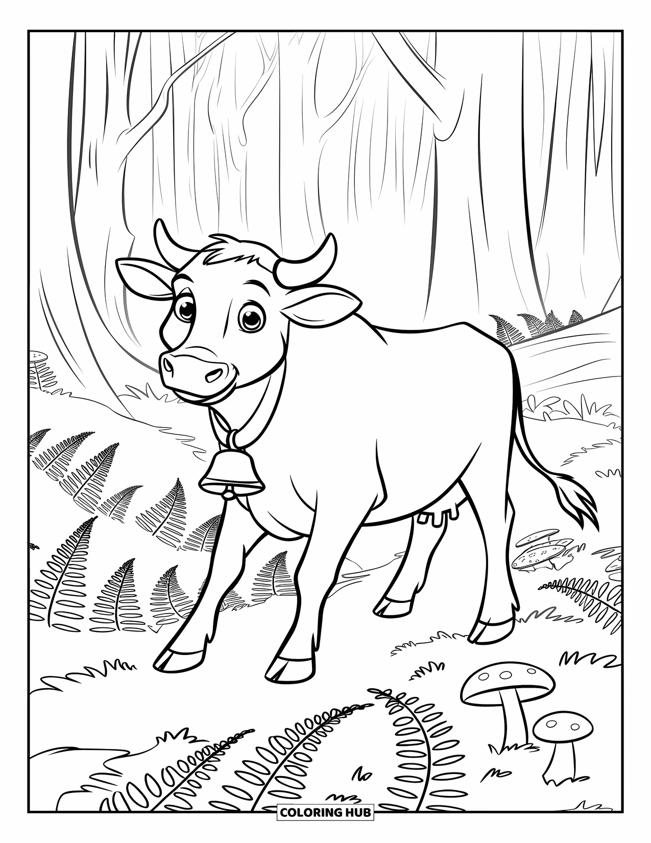 Cow Coloring Page for Kids: A cow with a bell walks through a misty forest with ferns and mushrooms