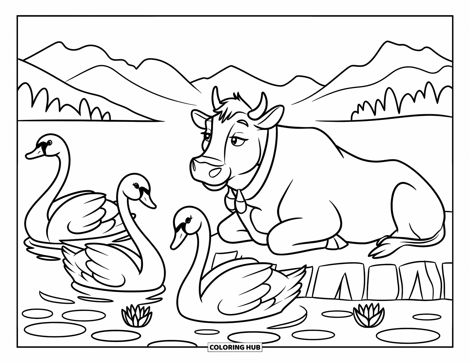 Cow Coloring Page for Kids: A cow with a collar rests by a lake with swans and lilies