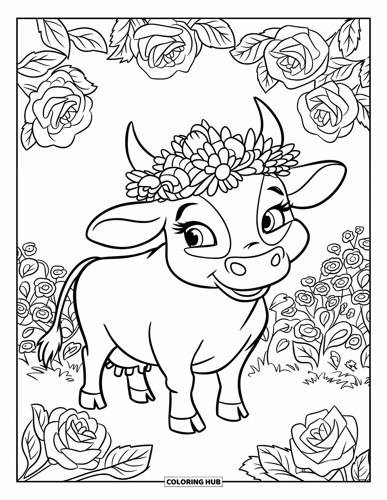 Cow Coloring Page for Kids: A cow with a colorful flower crown stands in a garden of roses