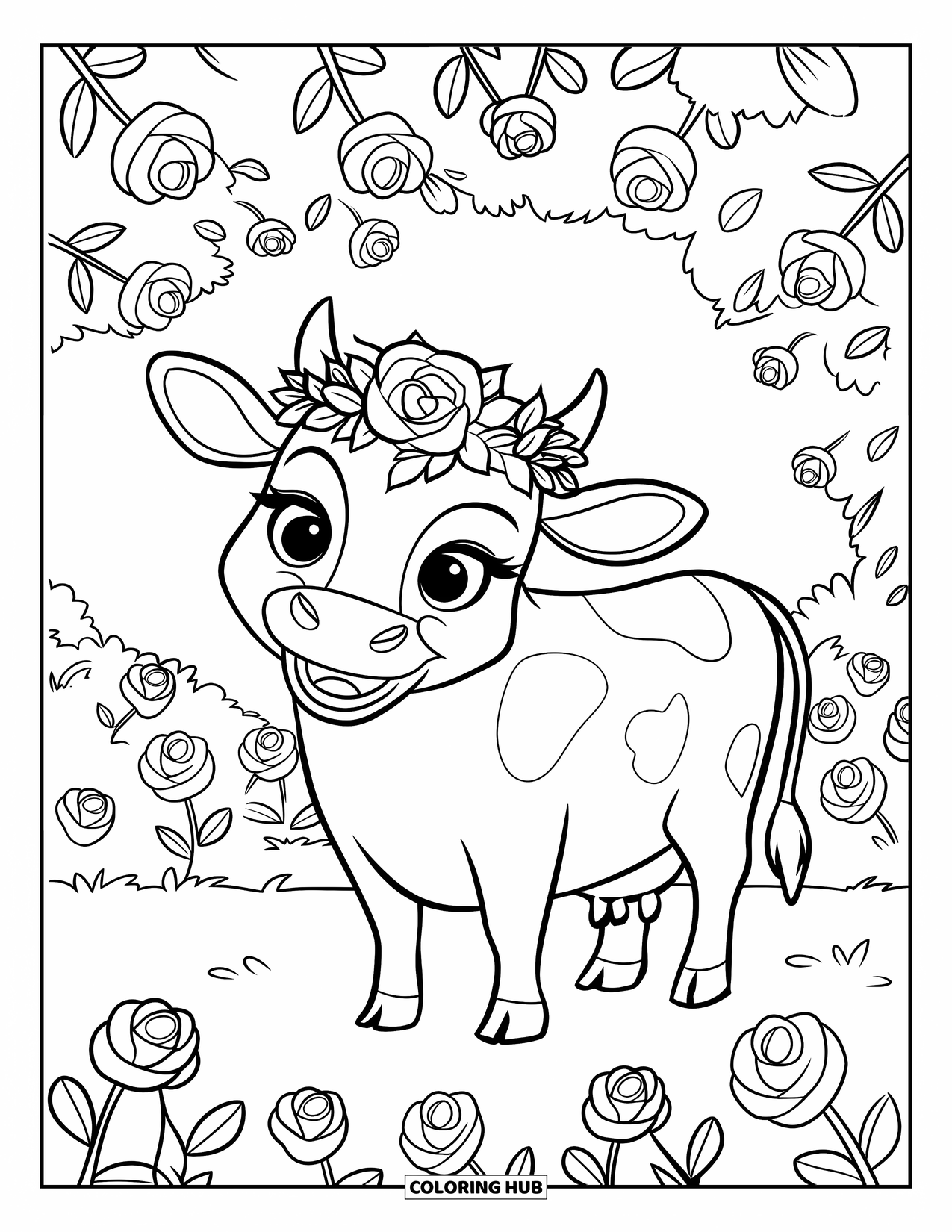 Cow Coloring Page for Kids: A cow with a floral crown smiles in a rose garden
